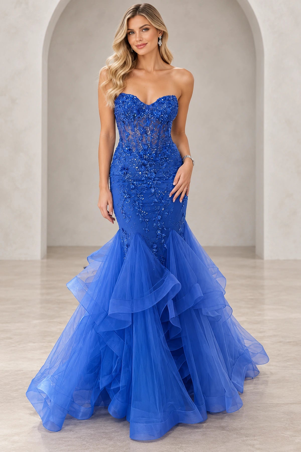 Romantic Tulle Mermaid Sweetheart Sleeveless Back Floor-Length Prom Dress