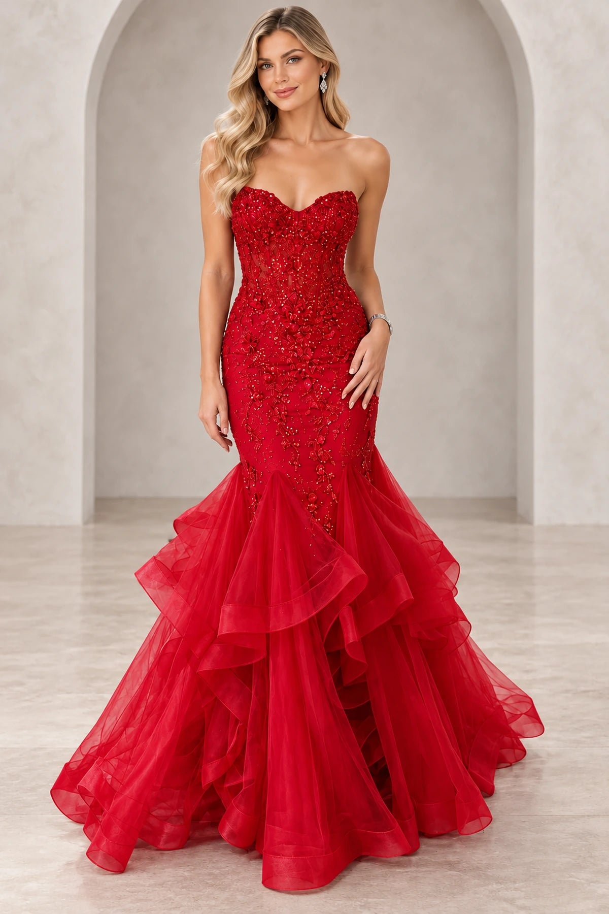 Romantic Tulle Mermaid Sweetheart Sleeveless Back Floor-Length Prom Dress
