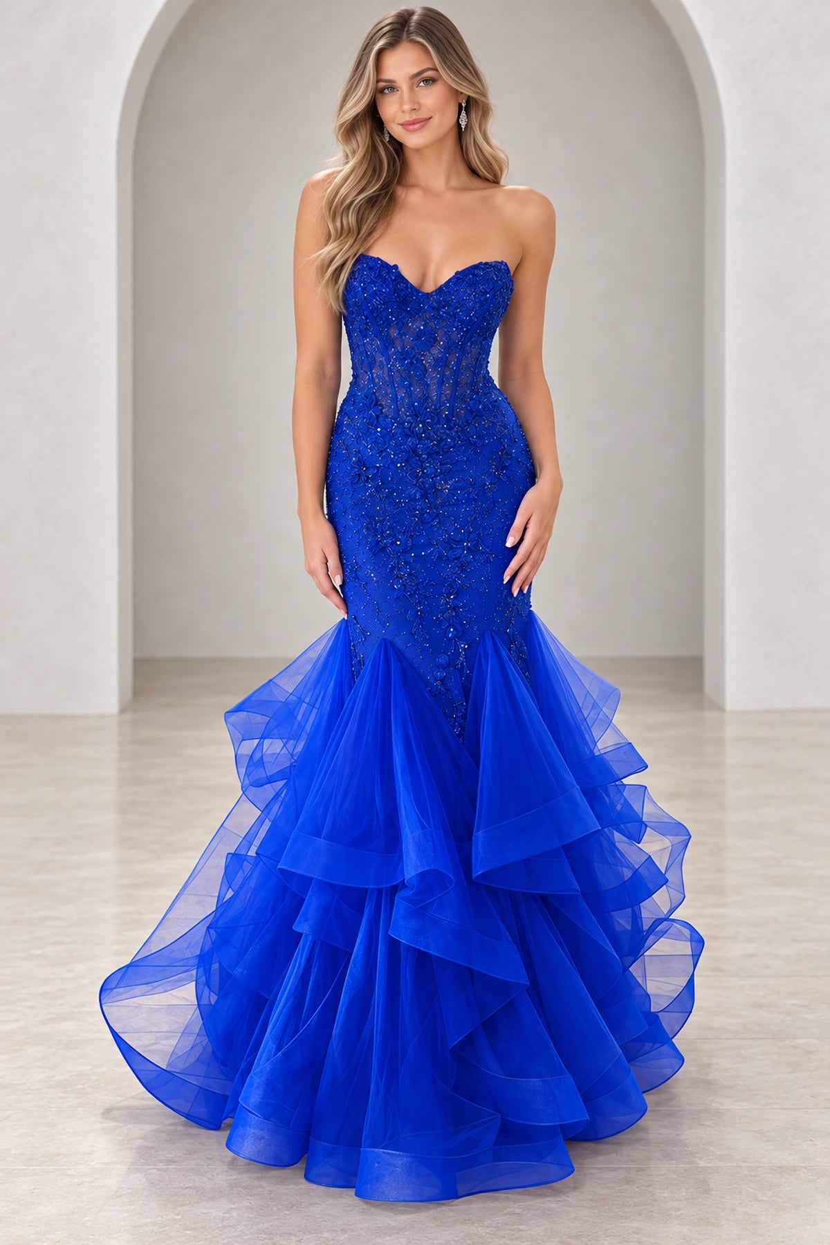 Romantic Tulle Mermaid Sweetheart Sleeveless Back Floor-Length Prom Dress