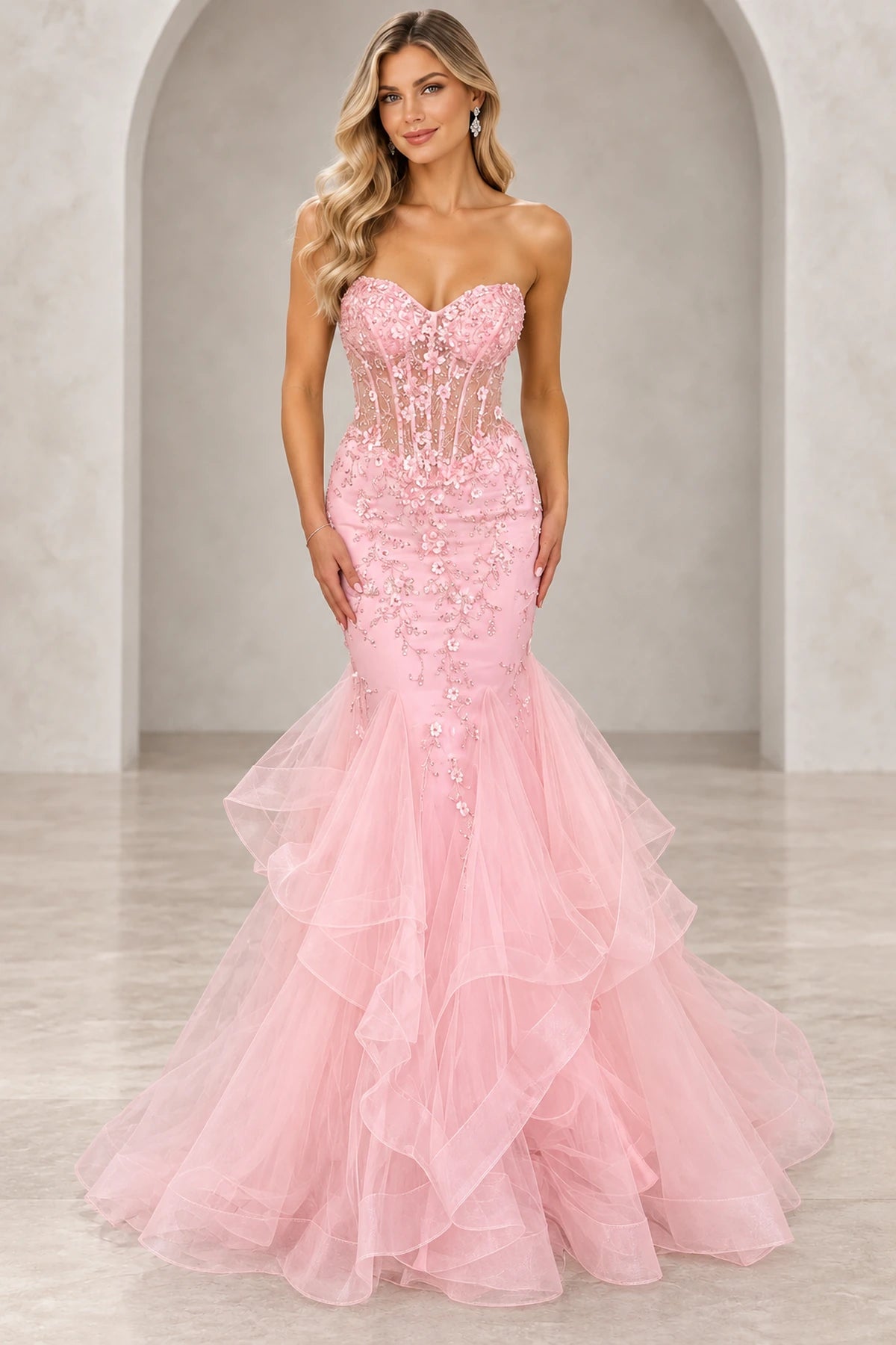 Romantic Tulle Mermaid Sweetheart Sleeveless Back Floor-Length Prom Dress