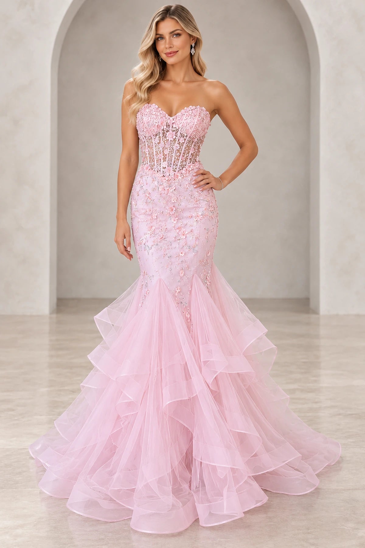 Romantic Tulle Mermaid Sweetheart Sleeveless Back Floor-Length Prom Dress