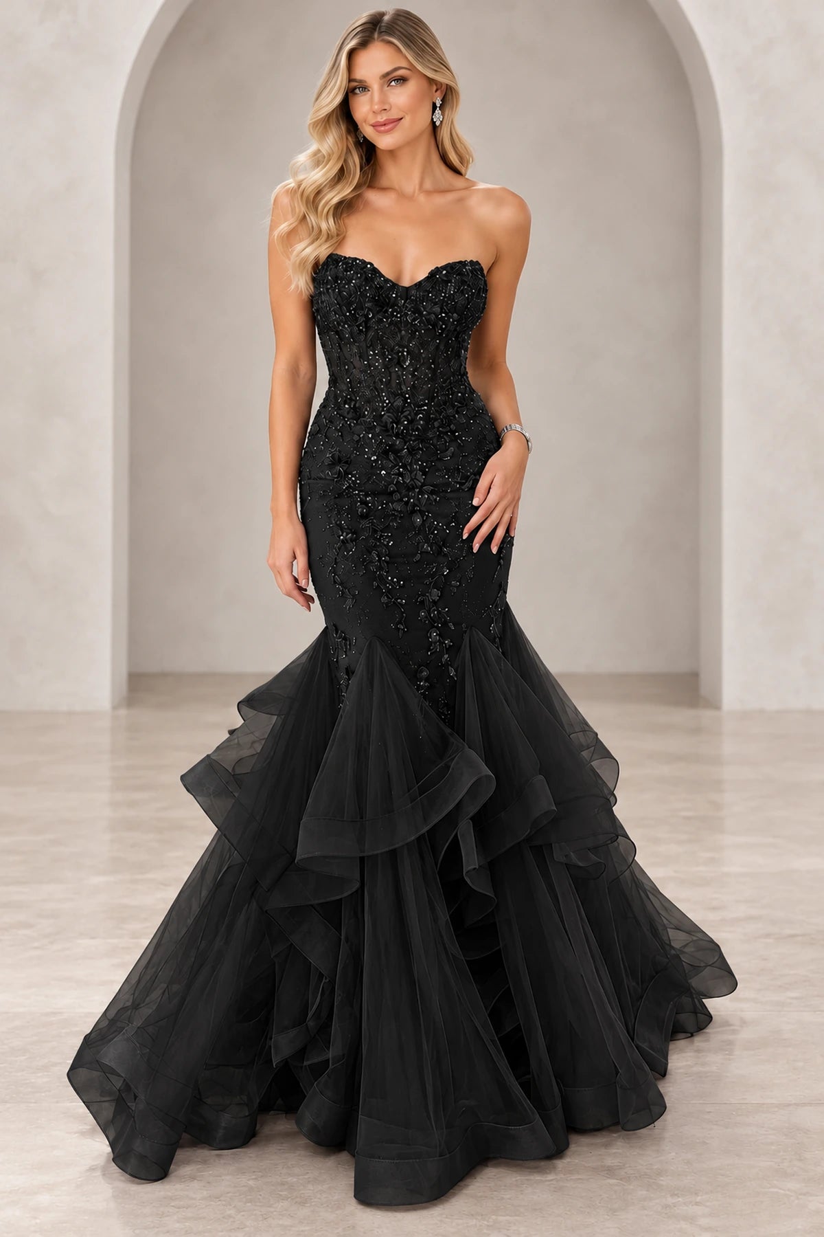 Romantic Tulle Mermaid Sweetheart Sleeveless Back Floor-Length Prom Dress