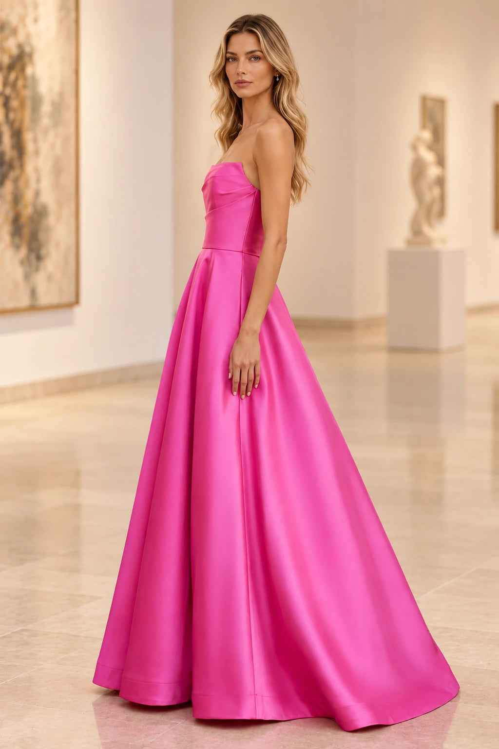 Side view of a fuchsia strapless satin prom dress showing the fitted bodice, defined waist, and flared floor-length A-line skirt.