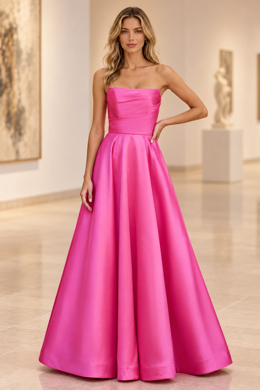 Fuchsia satin A-line prom dress with a strapless straight neckline, softly draped fitted bodice, defined waist, and full pleated skirt.