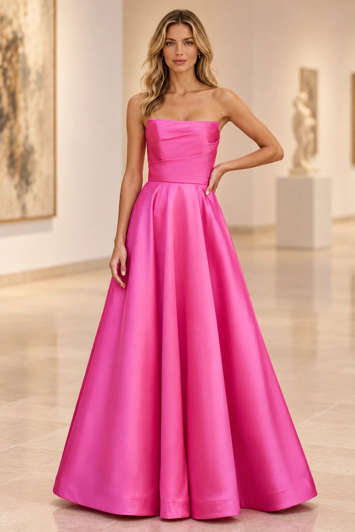 Fuchsia satin A-line prom dress with a strapless straight neckline, softly draped fitted bodice, defined waist, and full pleated skirt.