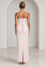 Corset lace up back detail of elegant formal wedding guest gown