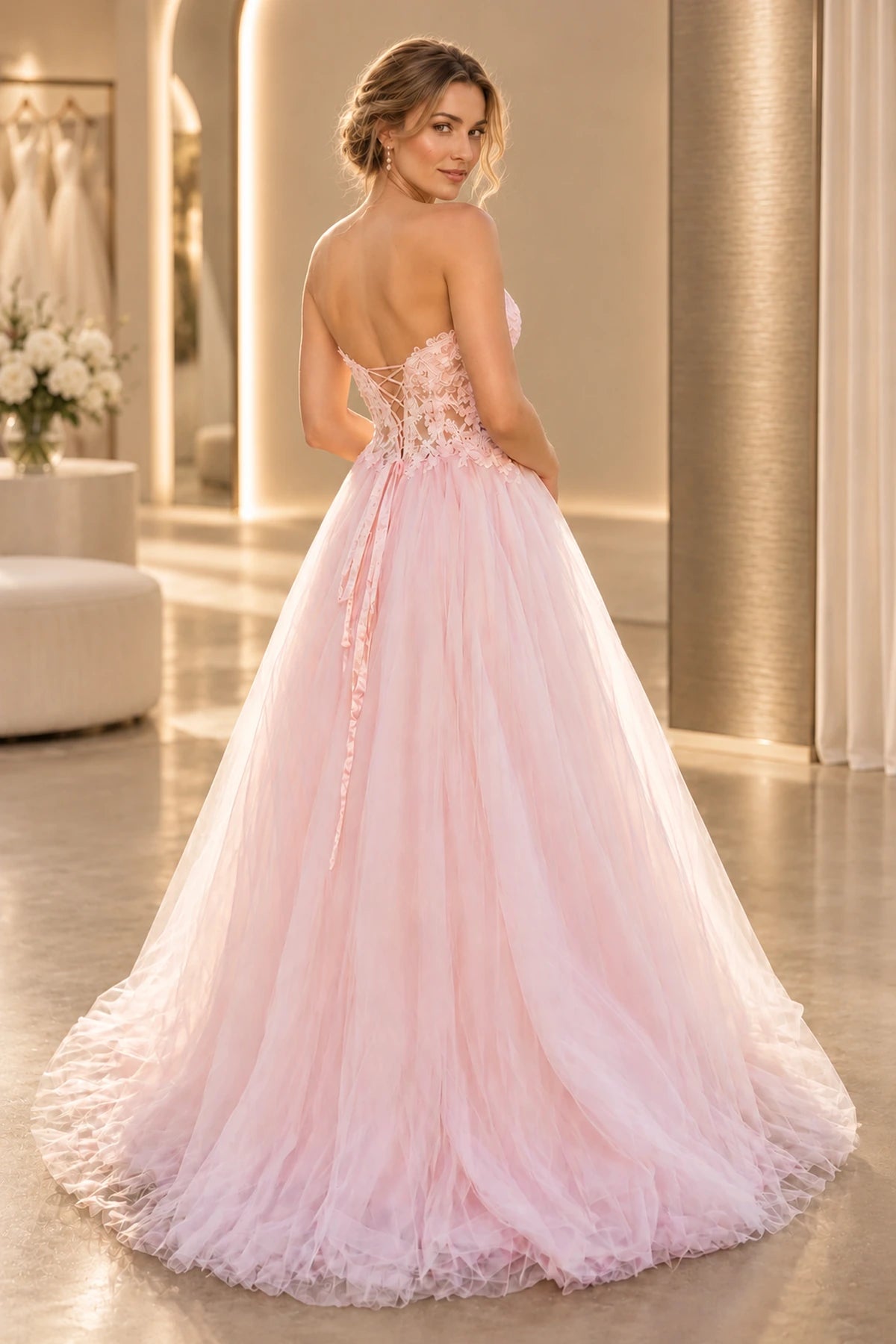 Back view of a pink tulle prom dress with a low lace-up back, floral lace appliques, long ribbon ties, and softly trailing skirt.