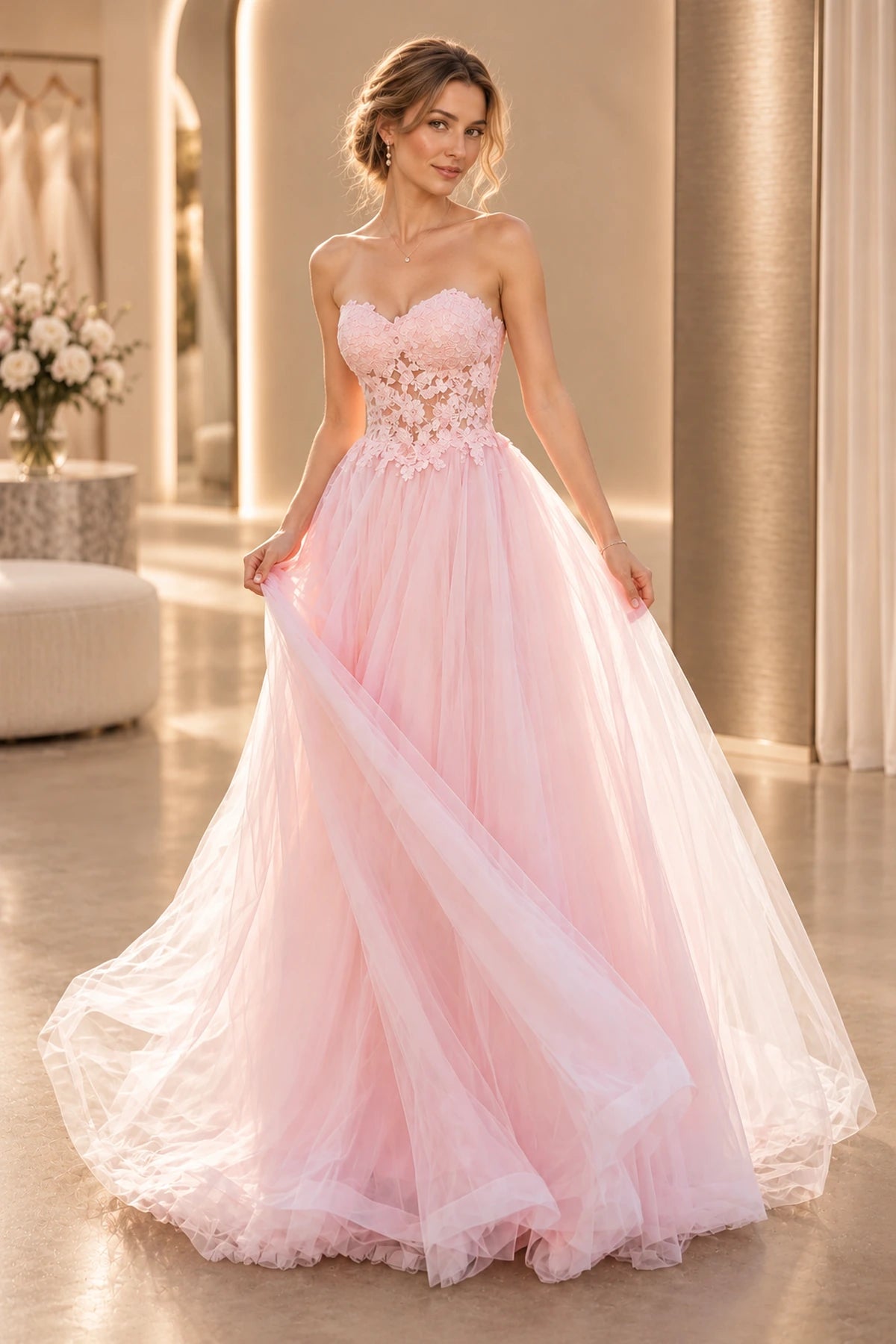 Soft pink A-line prom dress with a strapless sweetheart neckline, floral lace illusion bodice, and full floor-length tulle skirt.