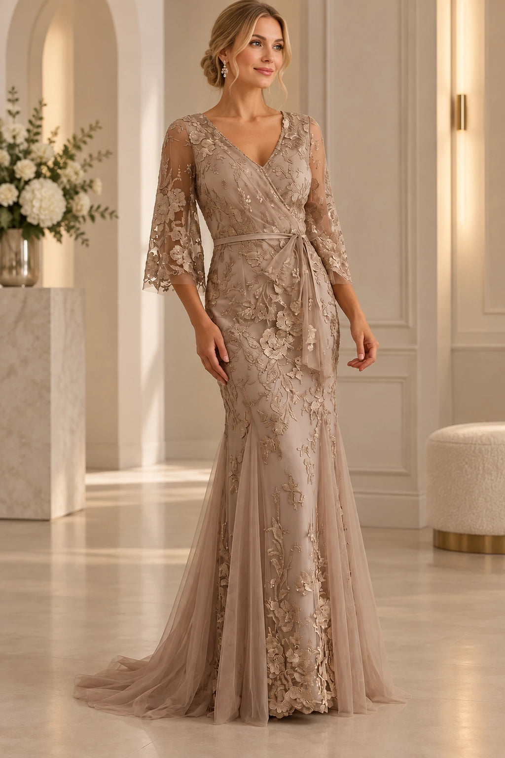 Taupe champagne sheath Mother of the Bride Dress with V-neck, lace half sleeves, tie waist and sweep train
