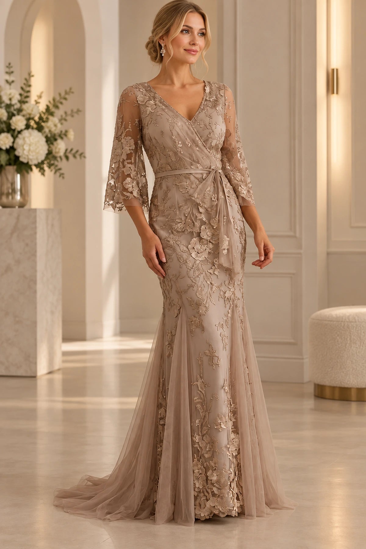 Taupe champagne sheath Mother of the Bride Dress with V-neck, lace half sleeves, tie waist and sweep train