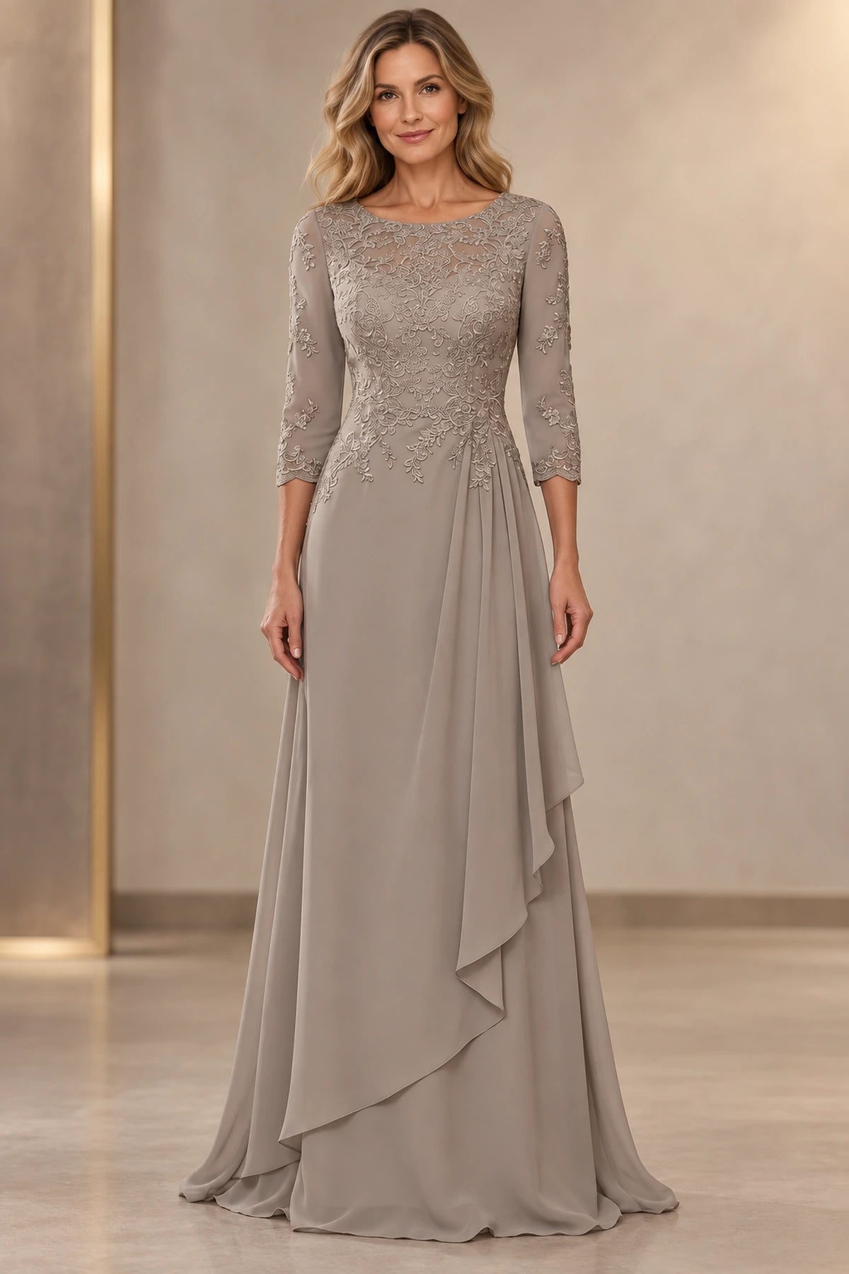 Taupe gray A-line Mother of the Bride Dress with scoop neckline, three-quarter lace sleeves and cascading side drape