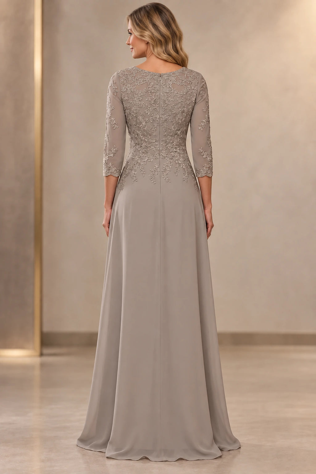 Back view of taupe gray Mother of the Bride Dress with lace bodice, center zipper and floor-length A-line skirt