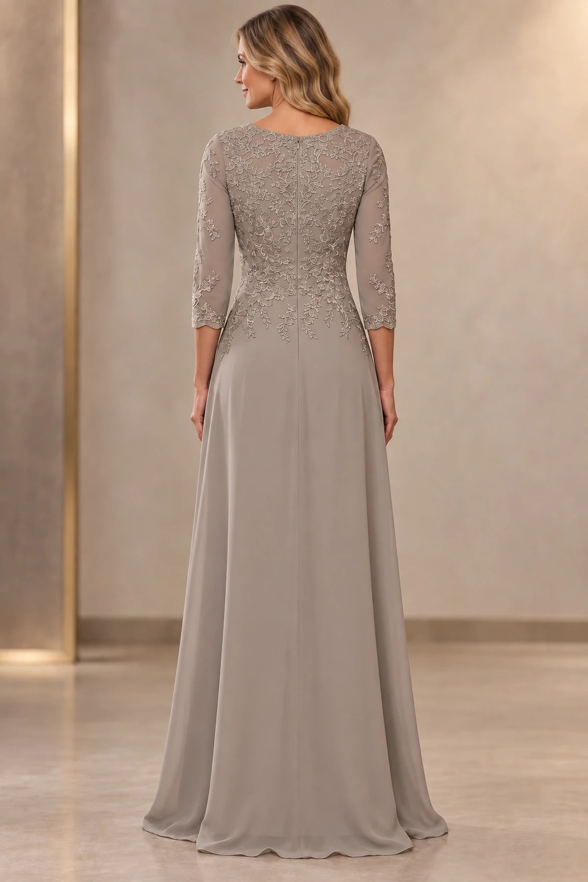 Back view of taupe gray Mother of the Bride Dress with lace bodice, center zipper and floor-length A-line skirt