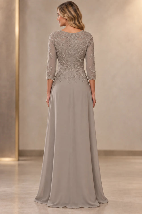 Back view of taupe gray Mother of the Bride Dress with lace bodice, center zipper and floor-length A-line skirt