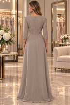aupe mother of the bride dress with lace back three quarter sleeves and zipper closure