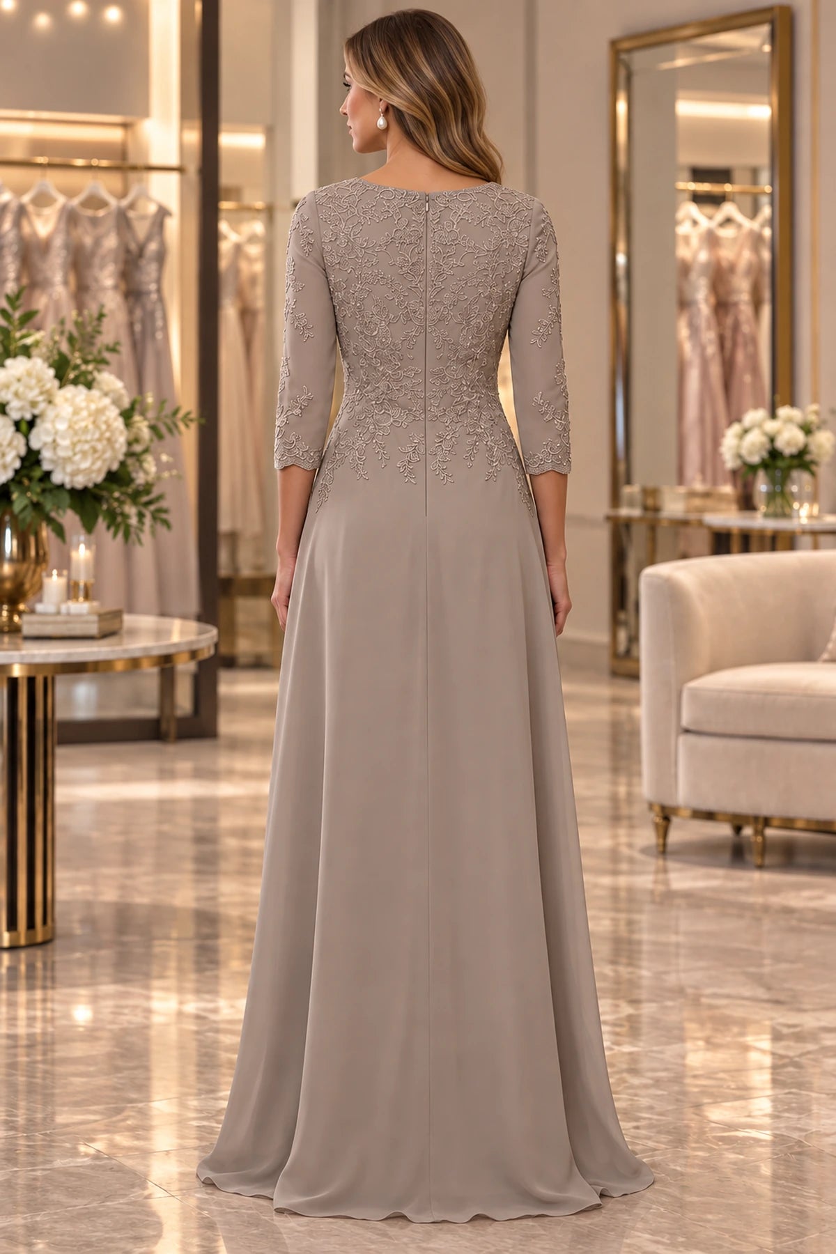 aupe mother of the bride dress with lace back three quarter sleeves and zipper closure