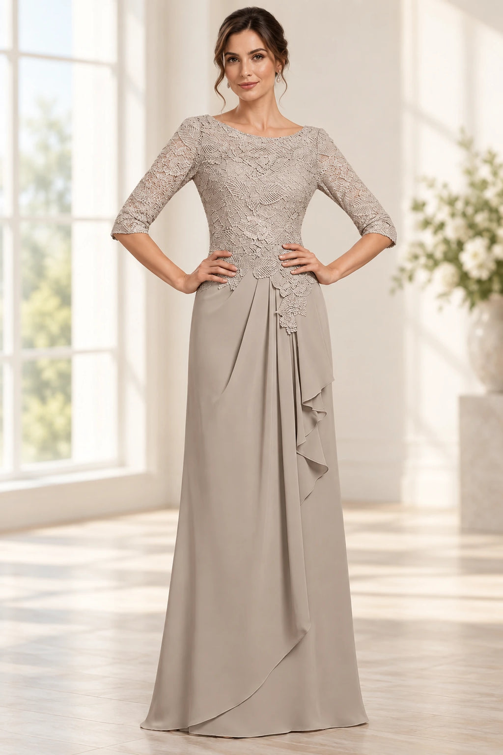 Taupe mother of the bride dress with boat neckline lace sleeves and ruffle front A line skirt