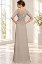 Taupe lace sleeve mother of the bride dress with elegant A line silhouette back view