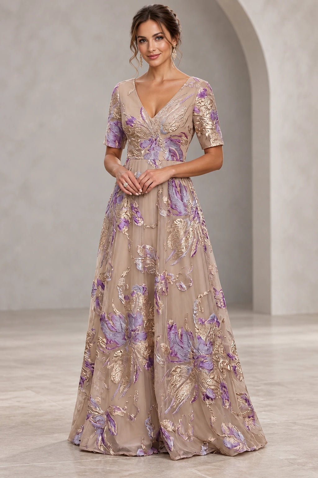 Taupe and lavender A-line Mother of the Bride Dress with V-neck, half sleeves and metallic floral detailing