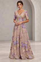 Taupe and lavender A-line Mother of the Bride Dress with V-neck, half sleeves and metallic floral detailing