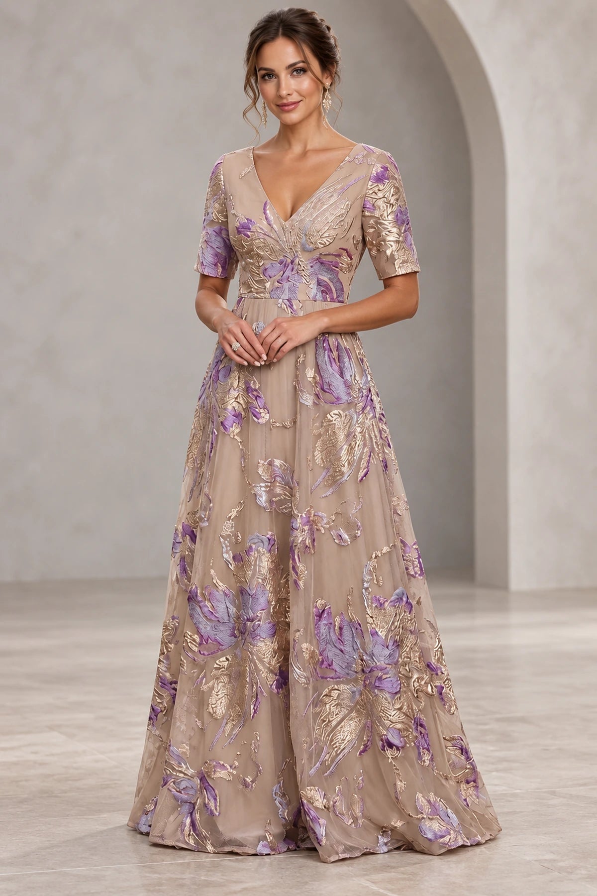 Taupe and lavender A-line Mother of the Bride Dress with V-neck, half sleeves and metallic floral detailing