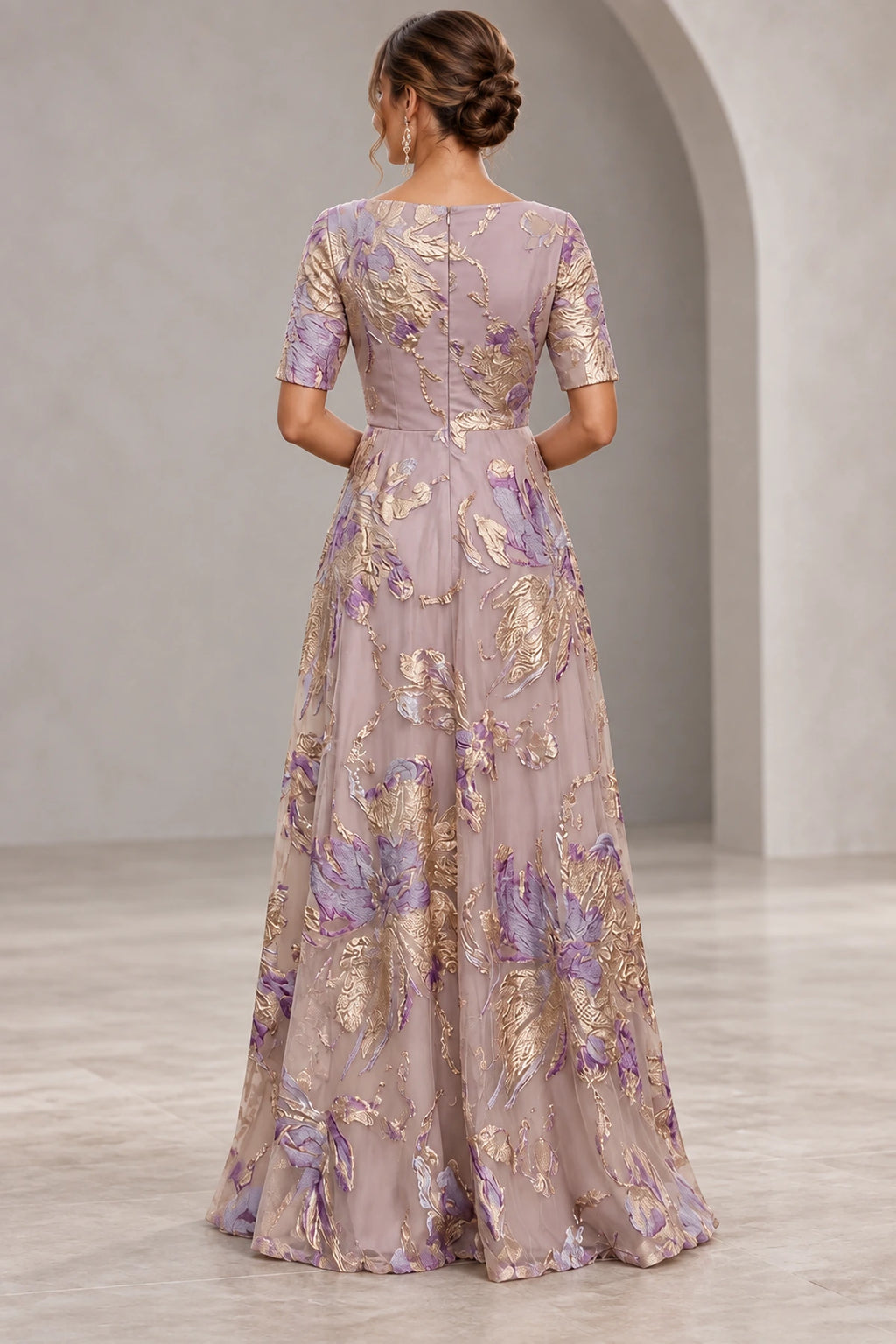 Back view of taupe lavender Mother of the Bride Dress with closed back, center zipper and floral floor-length skirt