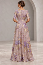 Back view of taupe lavender Mother of the Bride Dress with closed back, center zipper and floral floor-length skirt