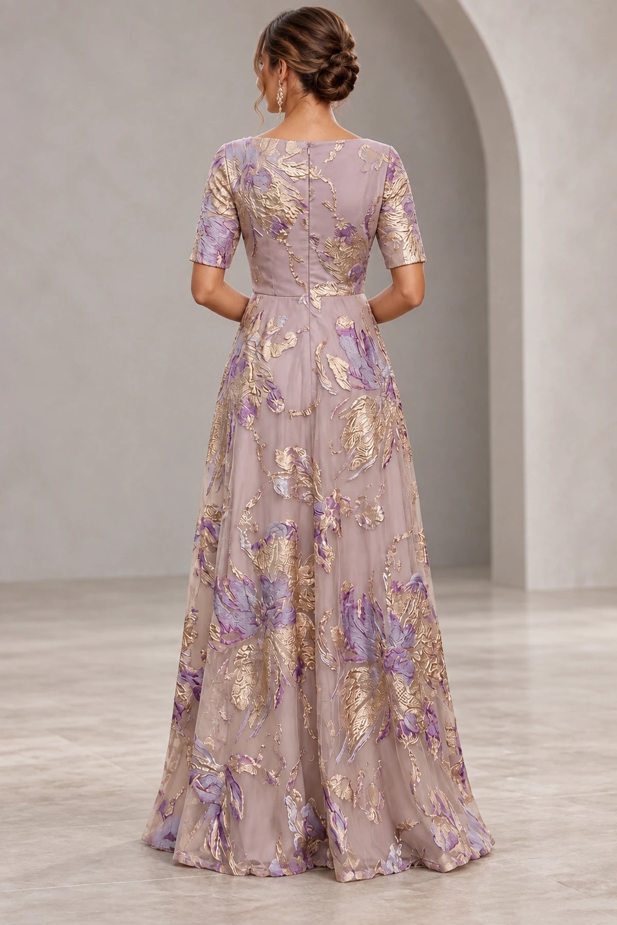 Back view of taupe lavender Mother of the Bride Dress with closed back, center zipper and floral floor-length skirt
