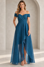 Teal blue Mother of the Bride Dress with off-shoulder neckline, cascading ruffle and high-low A-line skirt