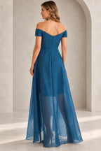 Back view of teal blue Mother of the Bride Dress with off-shoulder neckline, center zipper and flowing long skirt