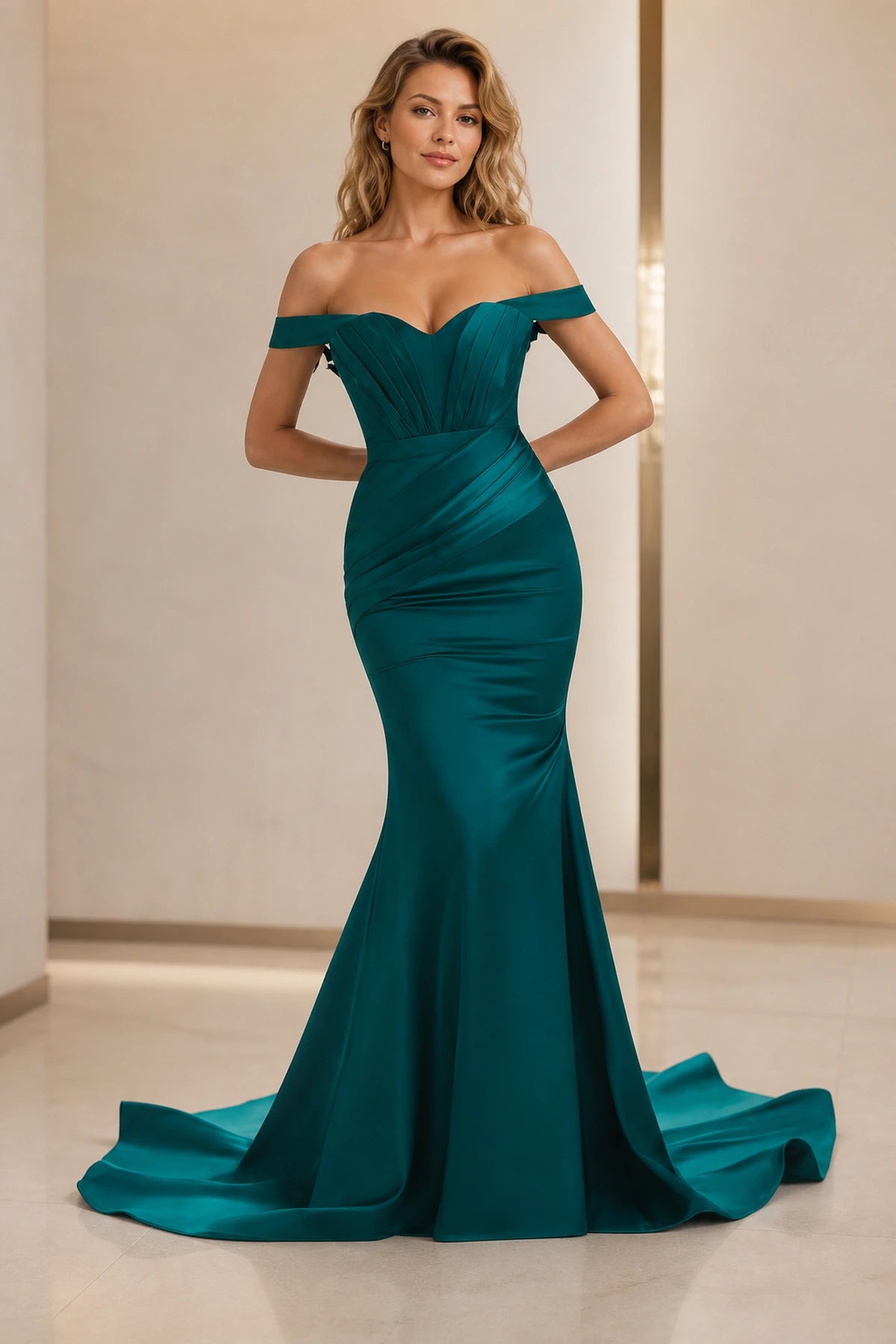 Teal wedding guest dress with off-shoulder sweetheart neckline, ruched waist and floor-length mermaid silhouette front view