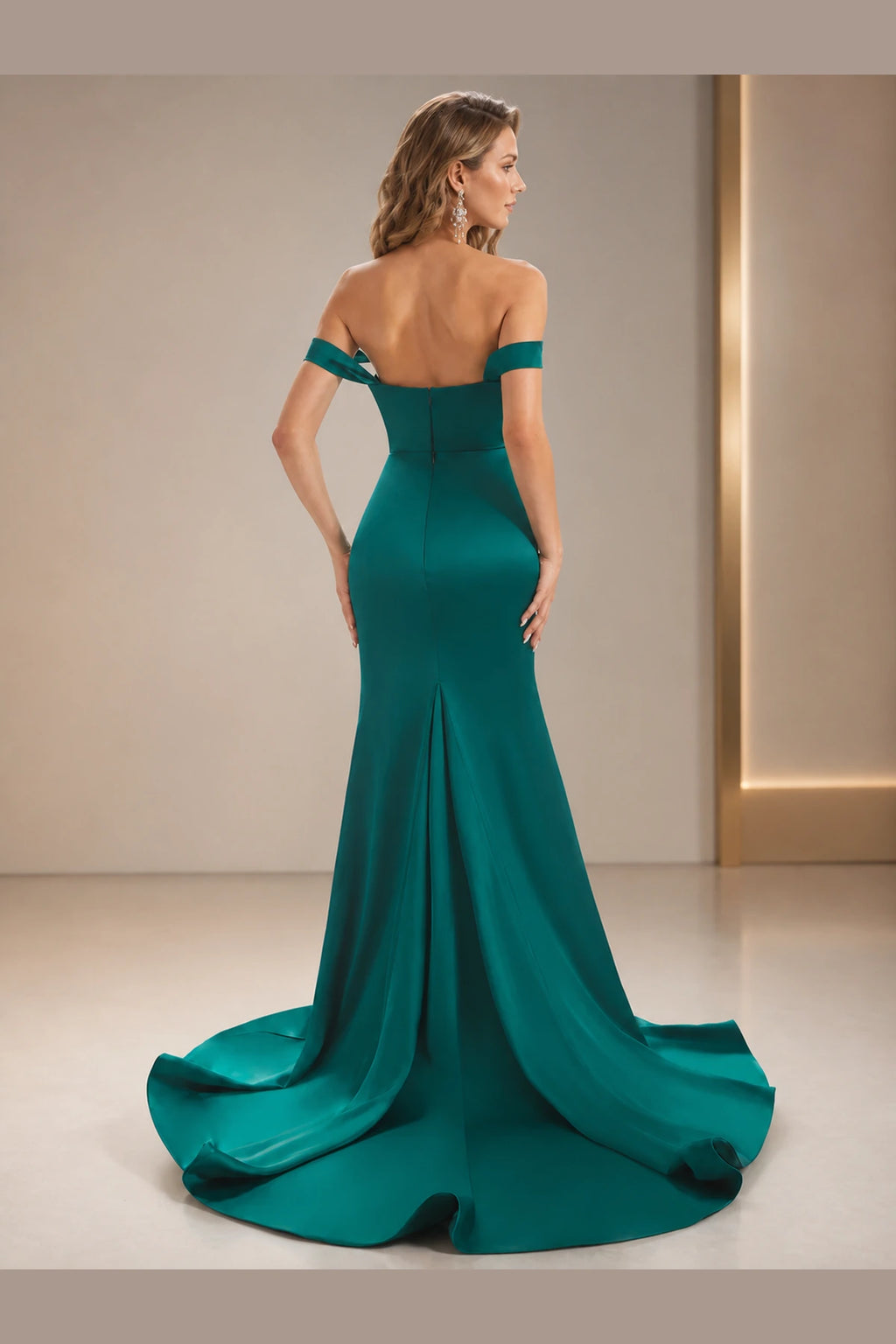 Teal floor-length wedding guest dress with off-shoulder back, center zipper and sweeping mermaid train back view