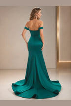 Teal floor-length wedding guest dress with off-shoulder back, center zipper and sweeping mermaid train back view