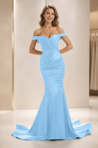 Elegant Teal Mermaid Off-Shoulder Sleeveless Zipper-Back Floor-Length Wedding Guest Dress