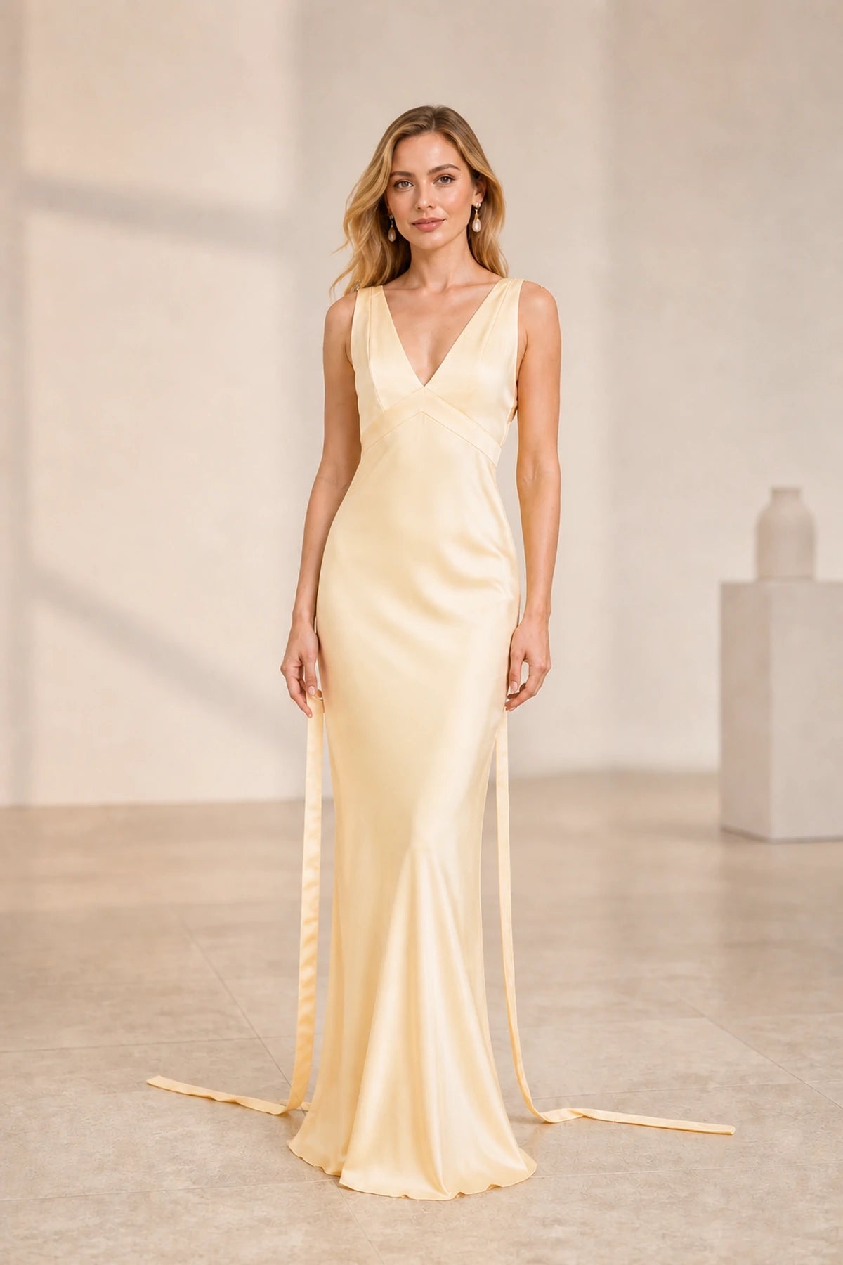 Radiant Sheath V Neck Sleeveless Tie Back Long Bridesmaid Dress