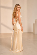 Radiant Sheath V Neck Sleeveless Tie Back Long Bridesmaid Dress