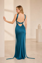 Teal bridesmaid dress with open back and tie detail by GraceProm