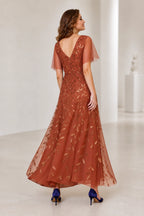 Terracotta V-back flutter sleeve embroidered mother of the bride dress back view