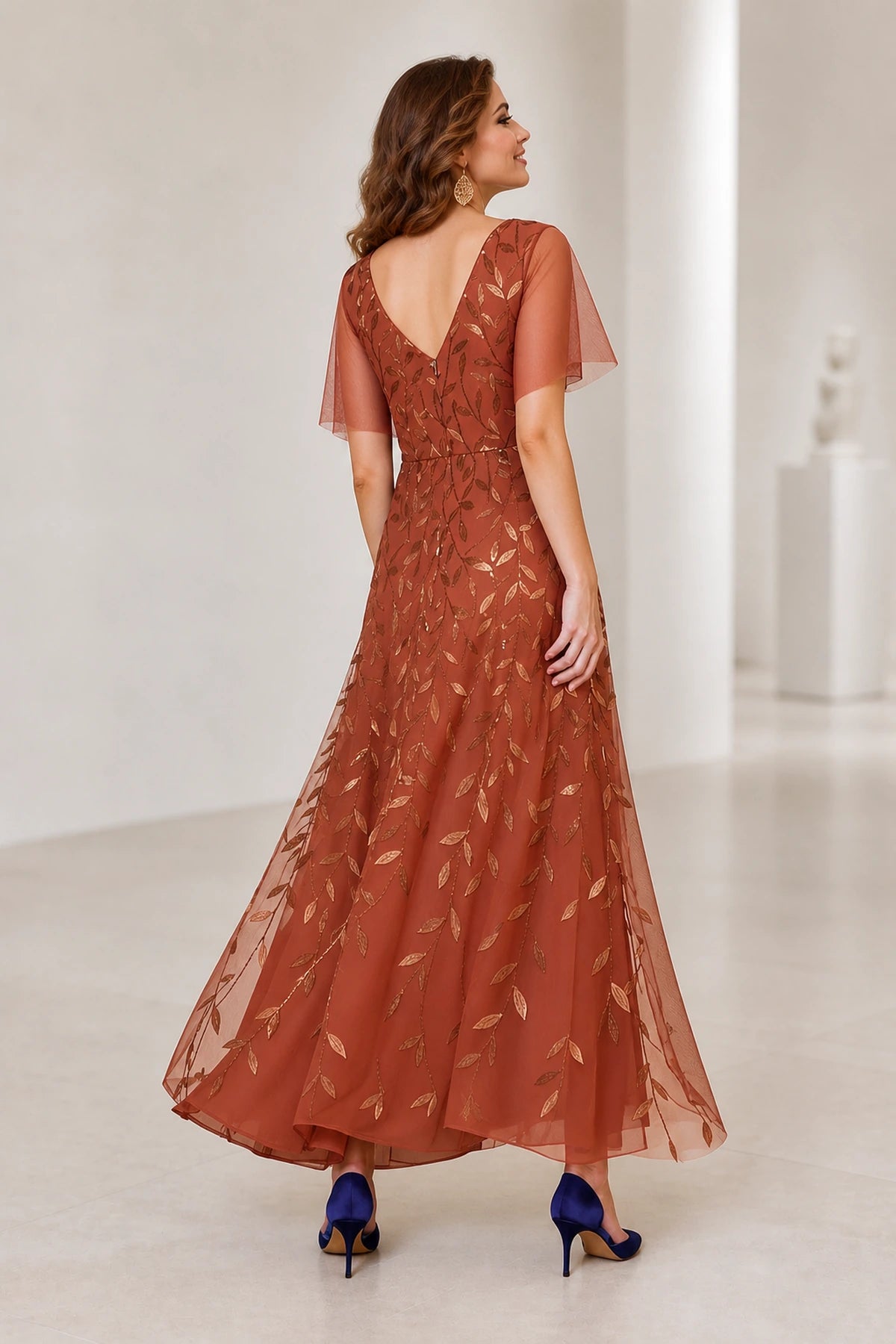 Terracotta V-back flutter sleeve embroidered mother of the bride dress back view