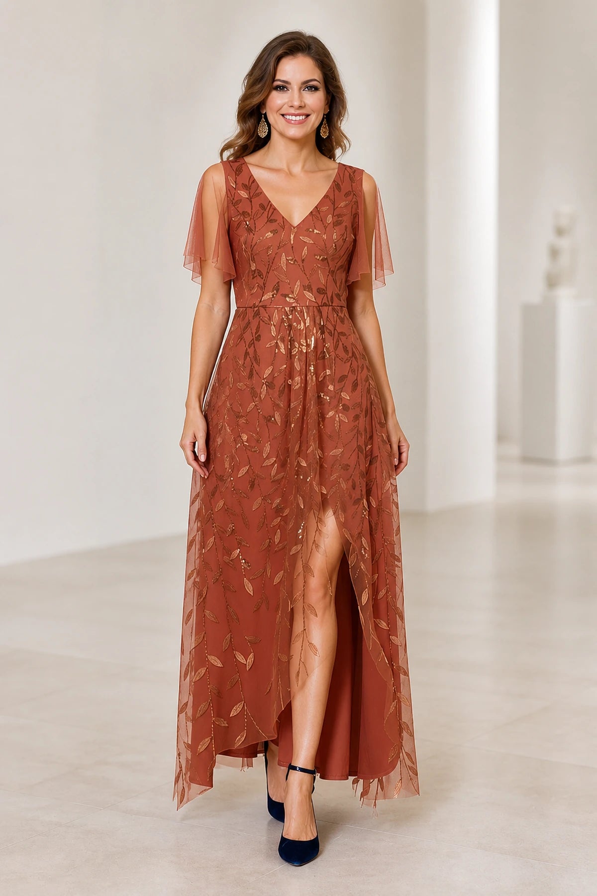 Terracotta V-neck flutter sleeve ankle-length mother of the bride dress front view