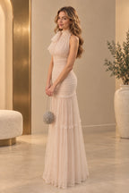Romantic Tulle Mermaid High Neck Sleeveless Covered Back Long Evening Dress