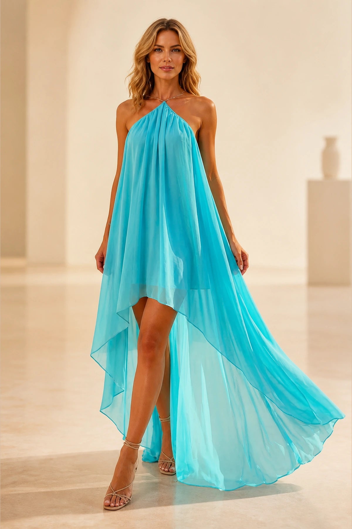 Turquoise A-line wedding guest dress with halter neckline, sleeveless design, open back and flowing high-low hem