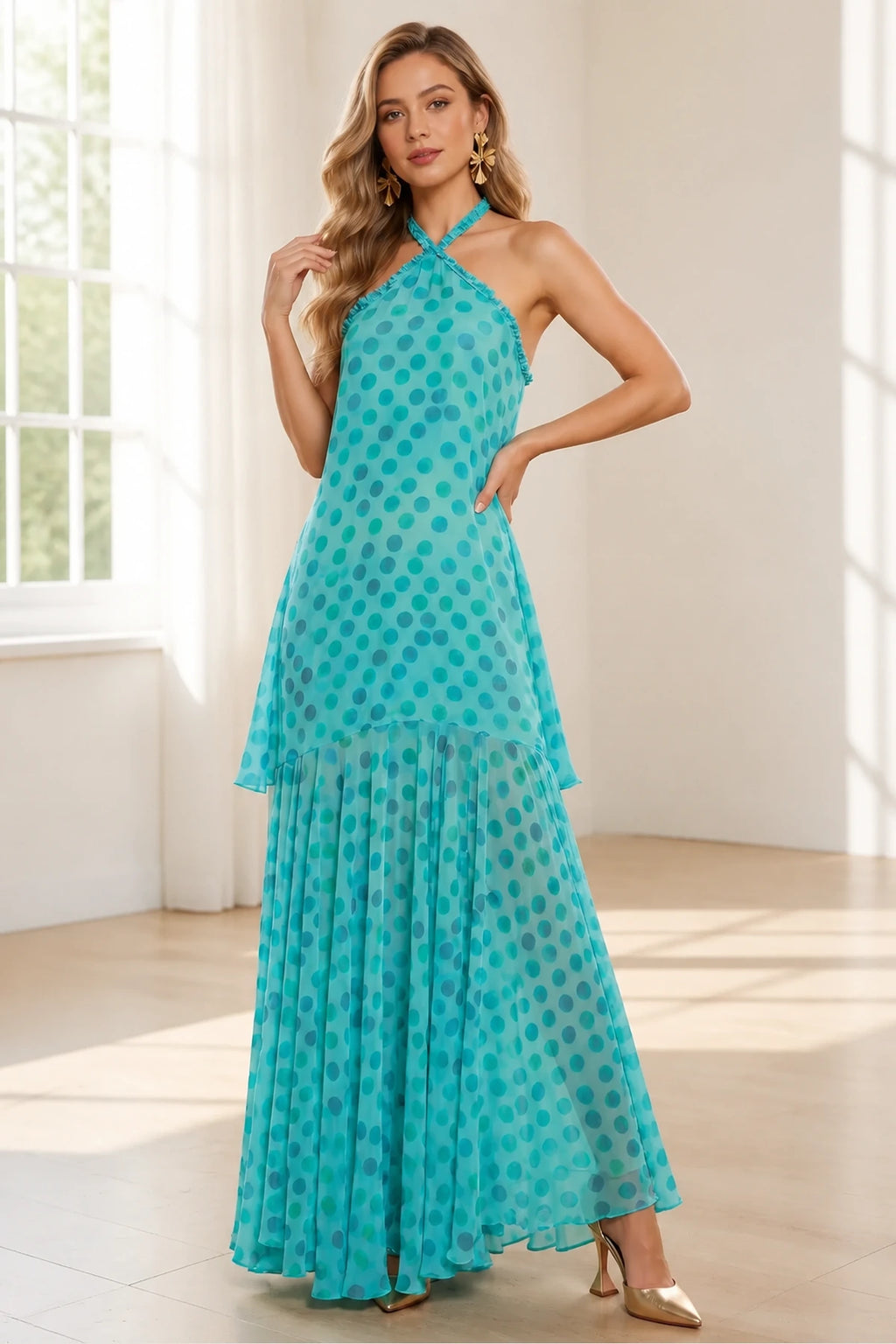 Turquoise polka dot halter open back A-line long bridesmaid dress