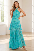 Turquoise polka dot halter open back A-line long bridesmaid dress