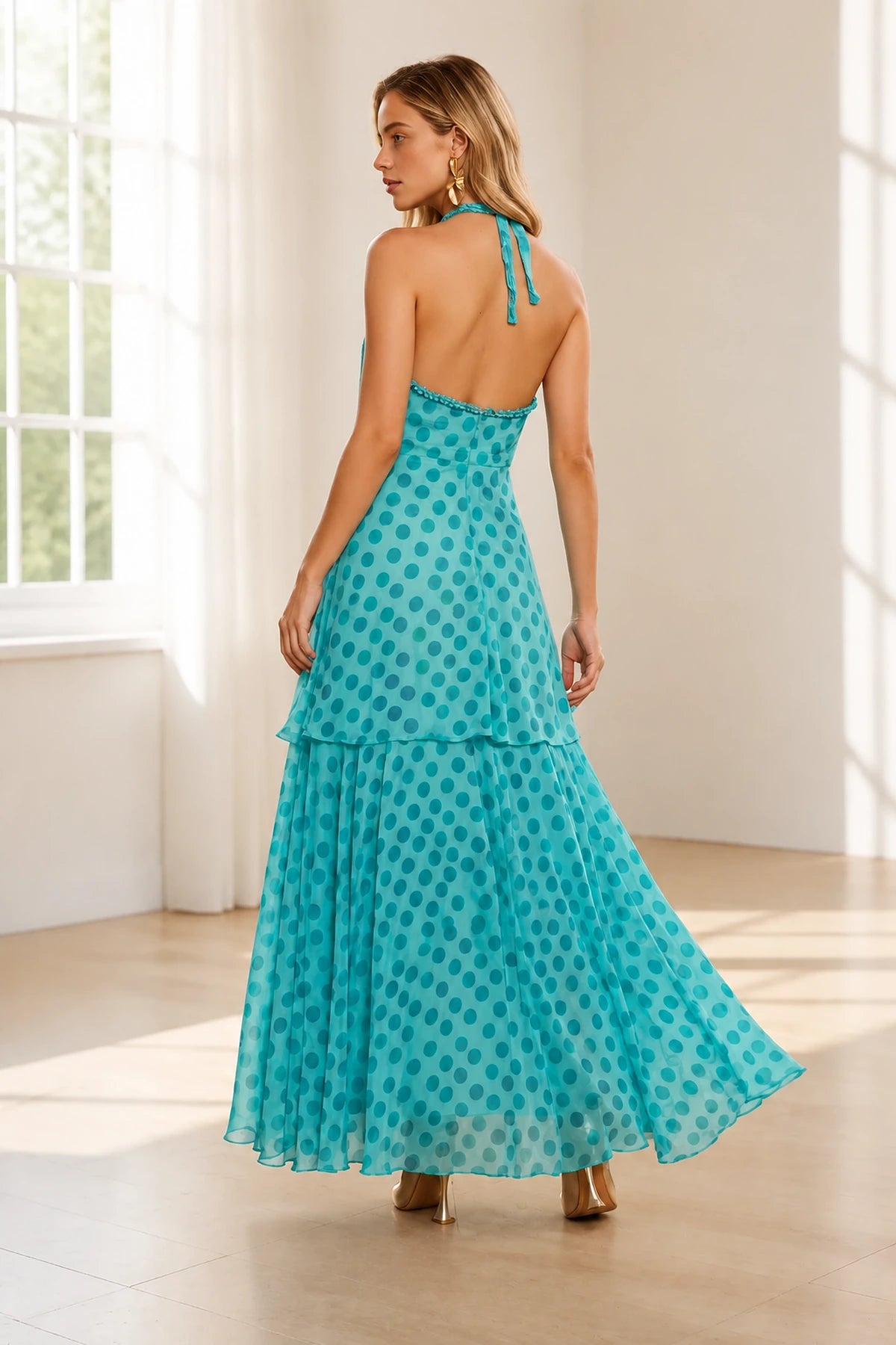 Turquoise polka dot halter open back A-line long bridesmaid dress