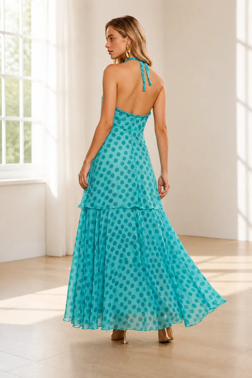 Turquoise polka dot halter open back A-line long bridesmaid dress