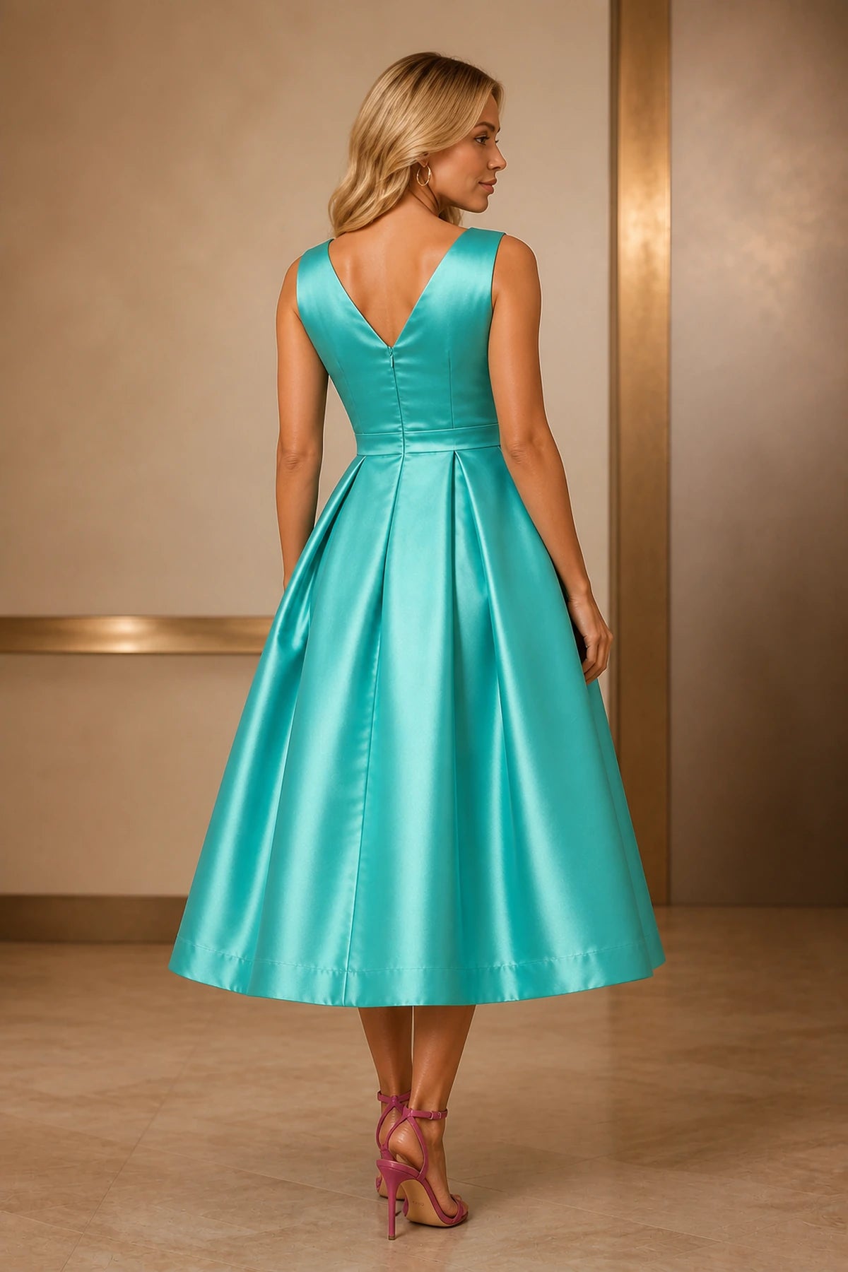 Turquoise sleeveless V-neck A-line tea-length wedding guest dress with pockets