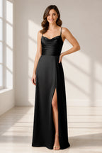 Vedress black satin cowl neck spaghetti strap high slit floor‑length bridesmaid dress