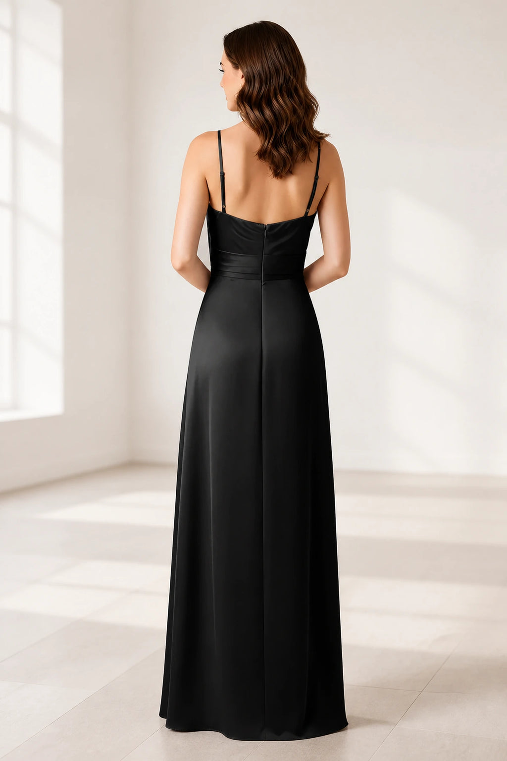 Back view of black satin bridesmaid dress with adjustable straps and center zipper