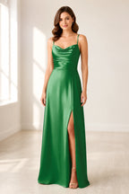 Black Satin Cowl Neck Spaghetti Strap Slit Long Bridesmaid Dress